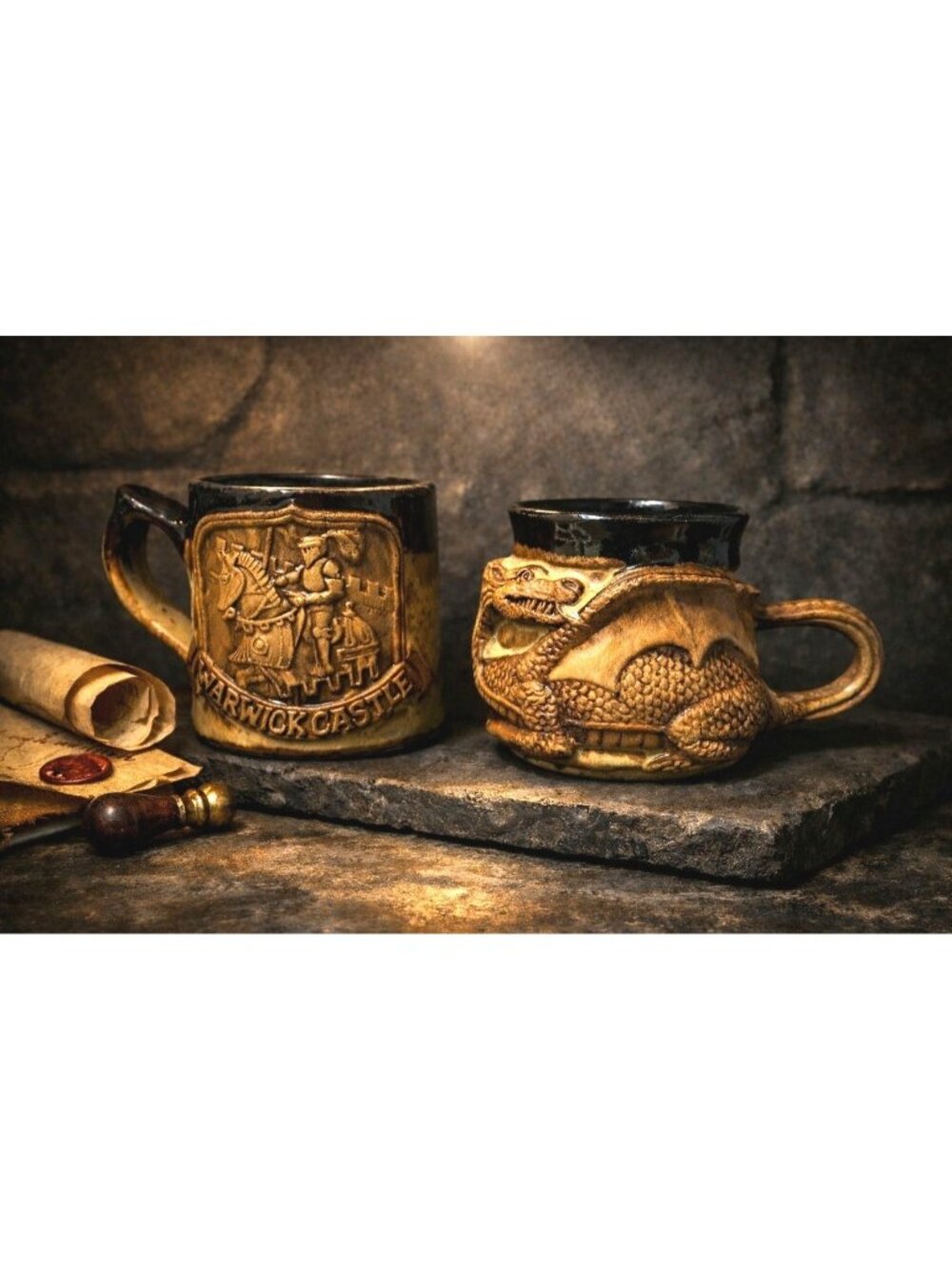 Castle Mug Set Medieval Knight 3D Dragon Brown Stoneware Gothic Castlecore Colle